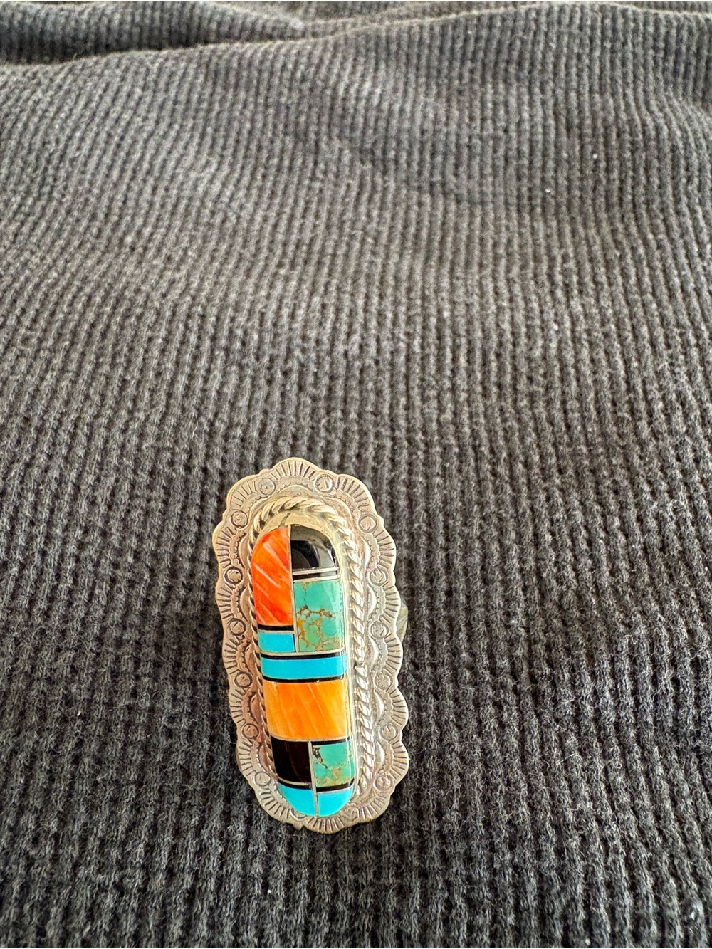 Handmade Multi-Stone Inlay Statement Ring in Turquoise & Orange